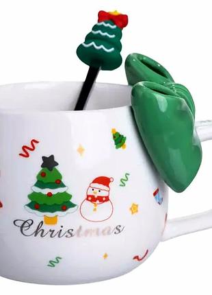Фарфоровая чашка с ложкой 400мл зеленая для зимних праздников merry christmas fm-cs-19b