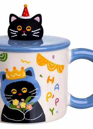 Фарфоровая чашка с крышкой 400мл для детей с принтом kitten's birthday синий