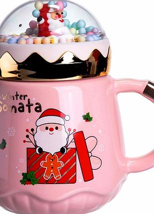 Фарфоровая чашка с крышкой 400мл розовая для чая и кофе christmas 13см высота 9см диаметр