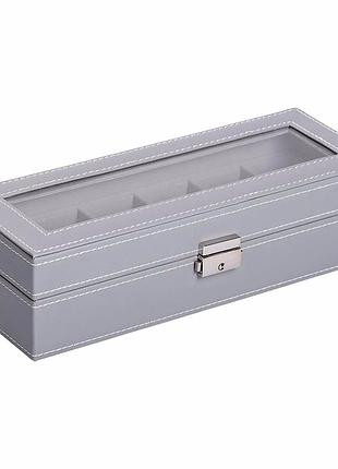Скринька для годинника 30x11x8 см з екошкіри на 6 відсіків для зберігання аксесуарів сірого кольору