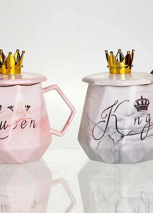 Набор фарфоровых чашек 400мл с крышкой и ложкой для пары queen&king 2 шт