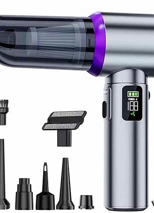 Автомобильный аккумуляторный пылесос 6000 мач 100 вт usb type-c для уборки салона серый с 8 насадками