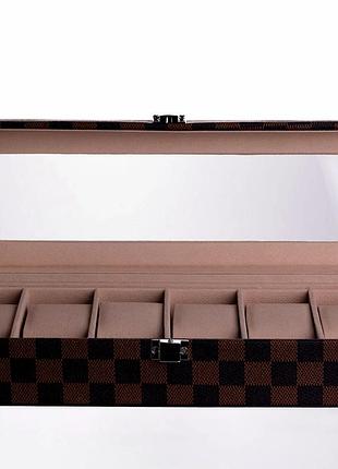 Шкатулка для часов 6 отсеков 31x11x7.5см экокожа коричневая для хранения аксессуаров