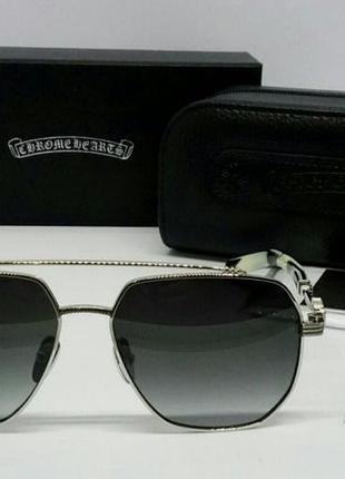 Chrome hearts мужские солнцезащитные  очки темно серый градиент в серебристом металле в брендовой упаковке