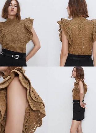 В'язаний гачком топ із рюшами від zara з натуральної бавовни, оригінал, новий