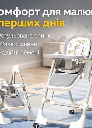 Дитячий стільчик-шезлонг 2в1 для годування і відпочинку з регульованою спинкою, тацею й коліщатками