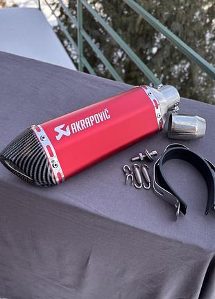 Прямоточный выхлоп akrapovic 37 см прямоток красный, карбоновый глушитель, акапович на мотоцикл, с заглушкой, лазерная гравировка
