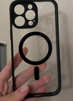 Прозрачный силиконовый чехол с черными бортиками и mag safe на айфон iphone 14 pro max
