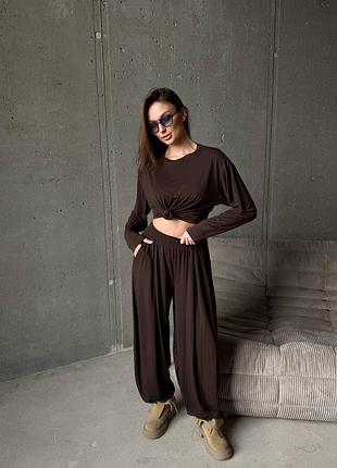Luxe повседневный брючный костюм лонгслив брюки высокая посадка манжеты на резинке алладины аладины трикотажный вискоза