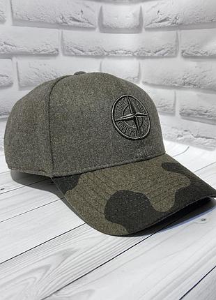 Теплая мужская бейсболка с ушками stone island, утепленная зимняя кепка хаки, 59-60