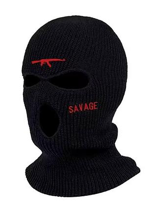 Балаклава savage черная вязаная с вышивкой, стильная зимняя маска