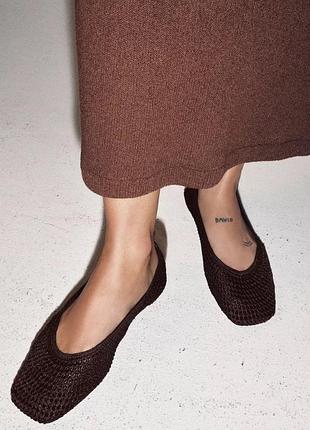 Коричневі балетки zara балетки з плетінням плетені балетки з плетеним верхом мінімалістичні балетки з квадратним носком квадратні балетки