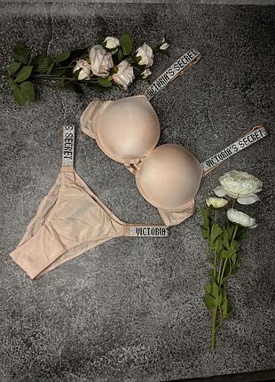 Комплект жіночої білизни victoria's secret shine strap (класичний), пудровий персик, розмір 75b/m
