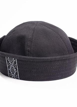 Женский берет морячка с вышитым орнаментом sailor hat, шляпка папайка, панама матроса, цвет черный