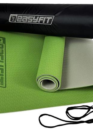 Килимок для йоги та фітнеса easyfit tpe+tc 6мм двошаровий + чохол зелений з сірим