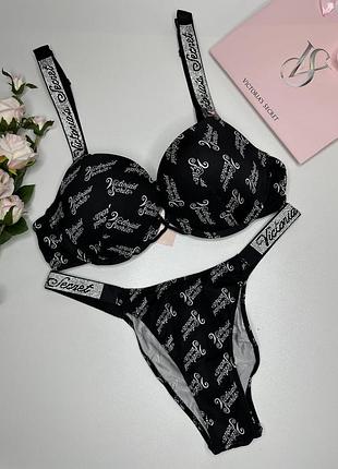 Комплект белья victoria's secret shine strap 34b/m черный с логотипами и стразами