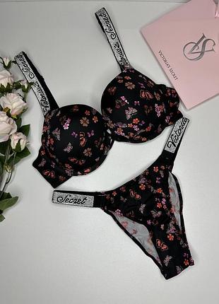 Комплект белья victoria's secret shine strap 34b/m черный в цветочный принт со стразами
