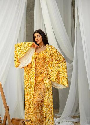 Женский шелковый желтый с бананами комплект «tropicana» (кимоно-купальник-косынка)