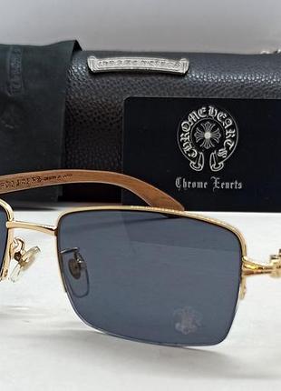 Chrome hearts очки унисекс солнцезащитные брендовые черные в золотом металле дужки деревянные в брендовом футляре