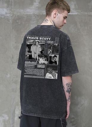 Футболка чоловіча travis вінтажна оверсайз чорна бавовняна з принтом