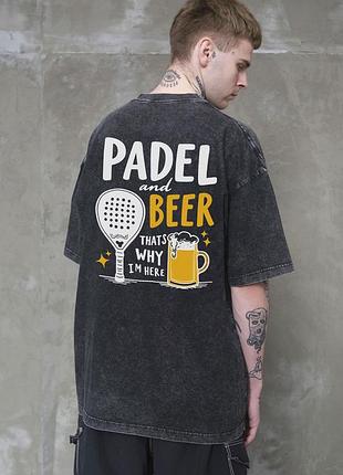 Футболка чоловіча padel and beer вінтажна оверсайз чорна бавовняна з принтом