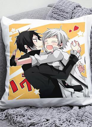 Плюшевая подушка аниме бродячие псы bungo stray dogs квадрат 35х35 см белая