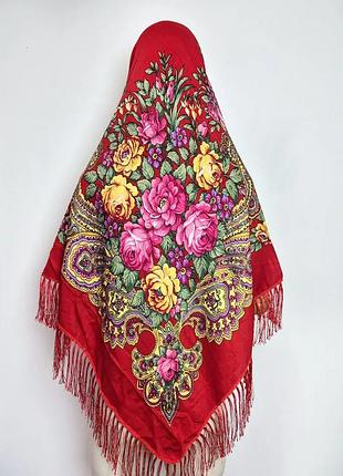 Роскошный шерстяной украинский платок розы 140 см * 140 см красный