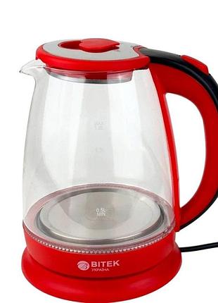 Електрочайник bitek bt-3110 1,8 л 2400 вт червоний скляний з led-підсвіткою для кухні