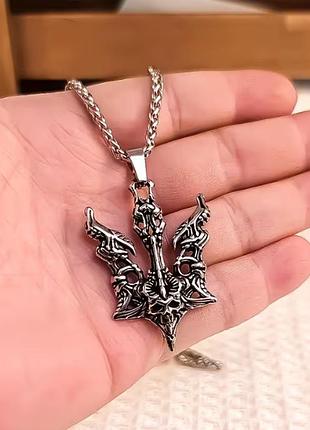 Кулон мужской с цепочкой, подвеска, украшение с гербом poseidon dark scepter на шею из стали под серебро