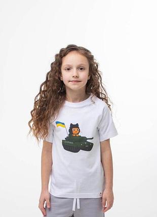 Футболка с принтом патриотическая котик на танке леопард для девочек ginger cat белый 122 см