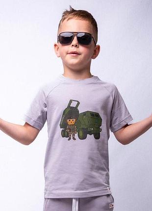 Футболка з принтом патріотична котик і хаймарс для хлопчиків ginger cat сірий 116 см