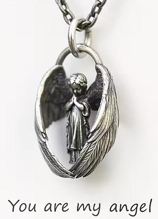 Кулон-оберег с цепочкой, подвеска, украшение lucky angel на шею из стали под серебро с ангелом