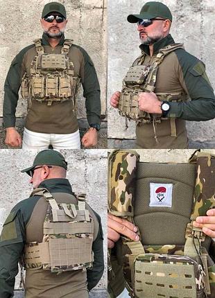Плитоноска с двойным быстрым сбросом isik multicam на 4 точки сброса, 7 подсумков