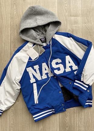 Дитяча демісезонна куртка бомбер з капюшоном для хлопчика 130-170 синя на кнопках тепла