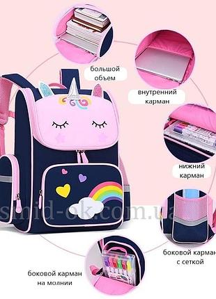 Школьный рюкзак сиреневый единорог 37 см для девочки 1-2 класса: ортопедическая спинка, много карманов. синий единорог 37см