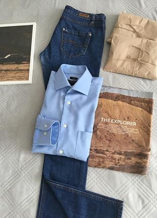 Азовая хлопковая мужская рубашка slim fit в насыщенном голубом цвете в размере 15