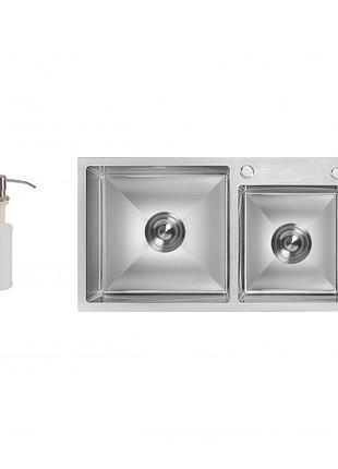 Мойка для кухни с двумя чашами интегрированная lidz handmade h7843 (ldh7843bru35387) brushed steel 3,0/1,0 мм