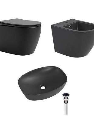 Комплект qtap robin anthracite 3 в 1: унитаз подвесной ultra quiet + биде подвесное + раковина накладная qtroban49157