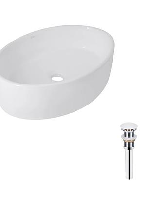 Комплект qtap kolibri: раковина накладная овальная 500x360x140 мм white + донный клапан pu02