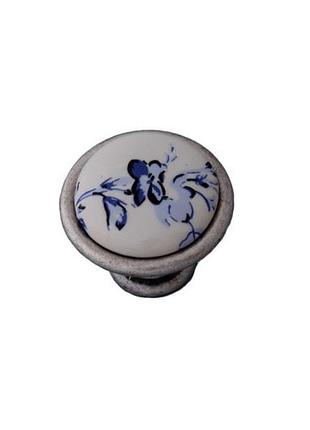 Ручка кнопка romantic old silver керамическая с голубым узором gu-p0804 античное серебро d=29 мм.