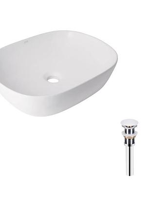 Комплект qtap aquarius: раковина накладная прямоугольная 470x380x120 мм white + донный клапан pu02