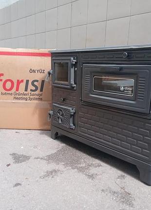 Дров'яна піч-кухня efor efs-11 "євро буржуйка" з варочною поверхнею та духовкою 8,6 квт. (дверцята чавун+скло, топка керамо)