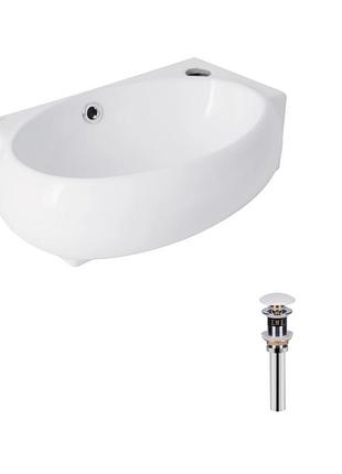 Комплект qtap leo: раковина подвесная овальная правая 430x285x160 мм white + донный клапан pu02o