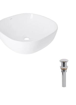 Комплект qtap kolibri: раковина накладная 400x400x140 мм, white, квадратная + донный клапан pop-up pu02