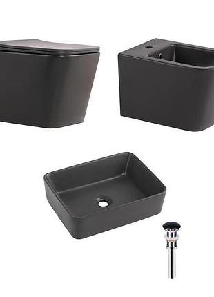 Комплект qtap tern anthracite 3 в 1: унитаз подвесной ultra quiet + биде подвесное + раковина накладная qtteran49161