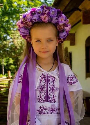 Червна сукня для дівчинки з вишивкою свтякова біла з фіолетовим, 116