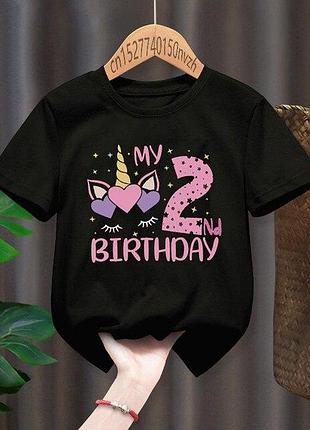 Детская футболка на день рождения 1-8 лет в стиле единорог черный, 2