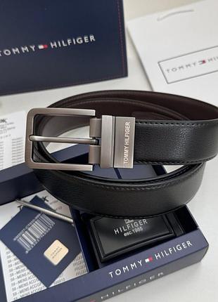Чоловічий ремінь tommy hilfiger, двосторонній ремінь з натуральної шкіри, подарунковий набір томмі хелфігер ремінь з двома пряжкам