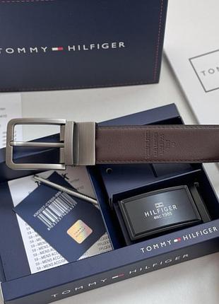 Чоловічий ремінь tommy hilfiger, двосторонній ремінь з натуральної шкіри, подарунковий набір томмі хелфігер ремінь з двома пряжкам