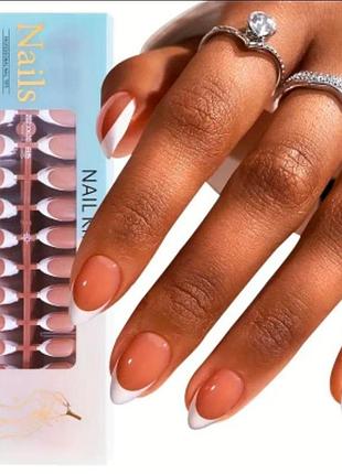 Гелеві тіпси для нарощування з французьким манікюром nail kingdom матові мигдаль м 240 шт натурально-бежеві з білим френчем (405)